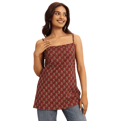 Libas Rust Printed Cotton Blend Straight Short Kurti