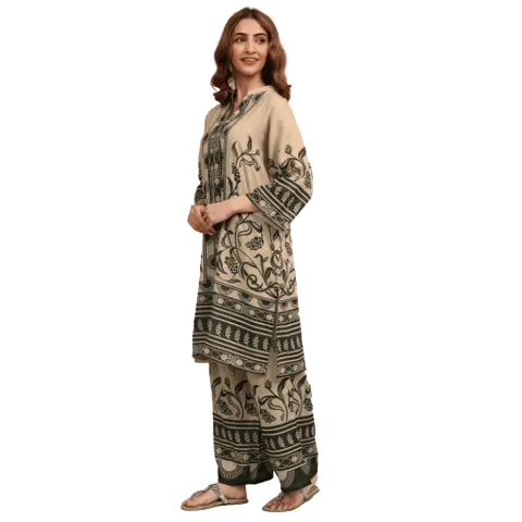 Libas Beige Printed Cotton Blend Co-Ord Sets
