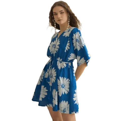 Blue Floral Printed V-Neck Dress