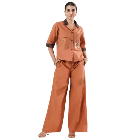 Brown Polyester Shirt Collar Co-Ord Set